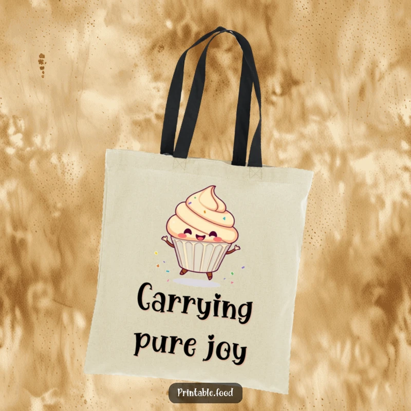 Funny Tote Bag art of a gleeful cupcake character in a dynamic spin, scattering a festive trail of sprinkles.
