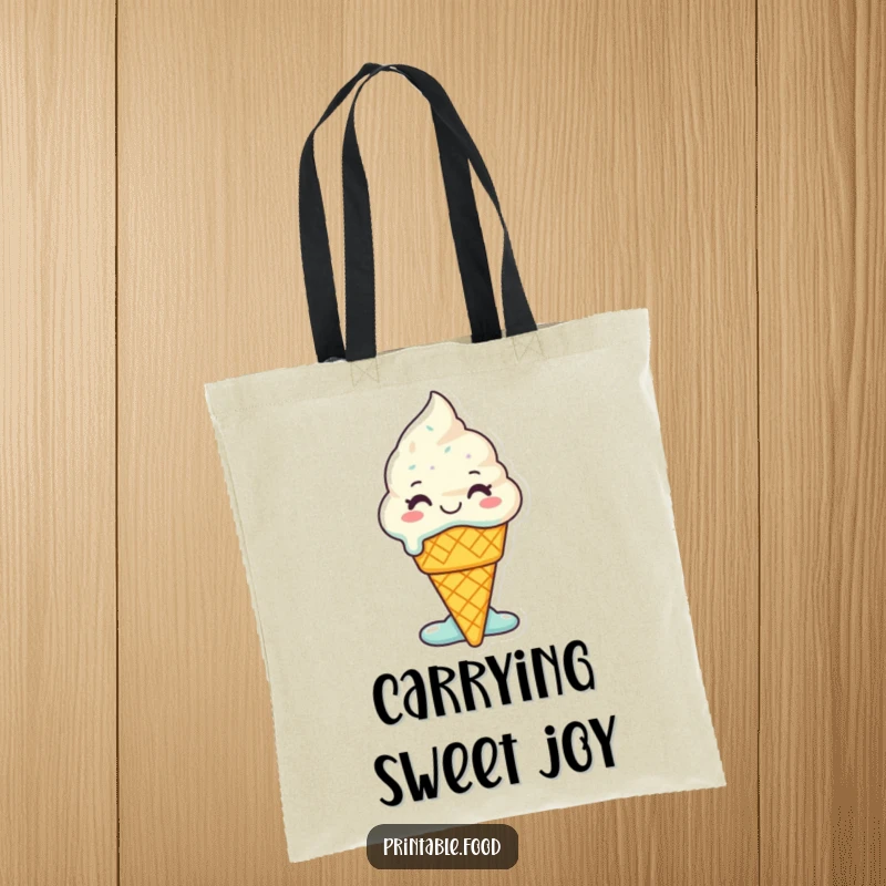 Funny Ice Cream Tote Bag: A smiling ice cream cone character melts with glee, ideal for carrying essentials with sweet charm.