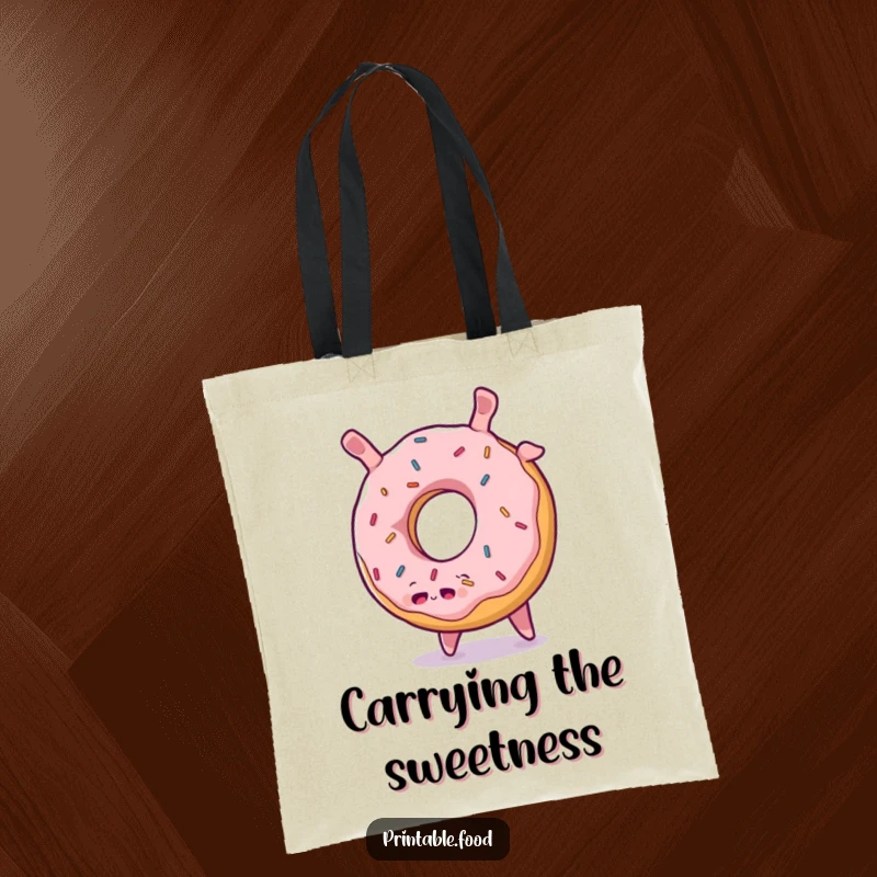 Funny Donut Somersault Tote Bag: A plump, sprinkled donut character is shown doing a cheerful somersault, making this tote fun and practical.