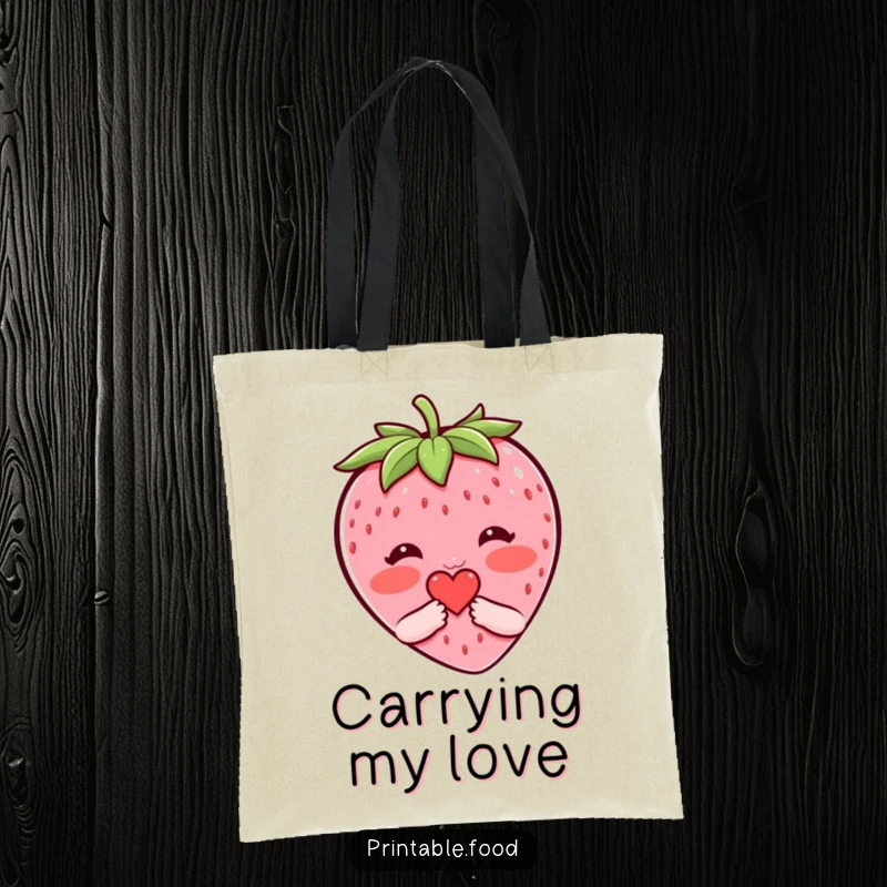 Funny tote bag featuring a blushing strawberry character shyly presenting a tiny heart, perfect for carrying daily items with charm.