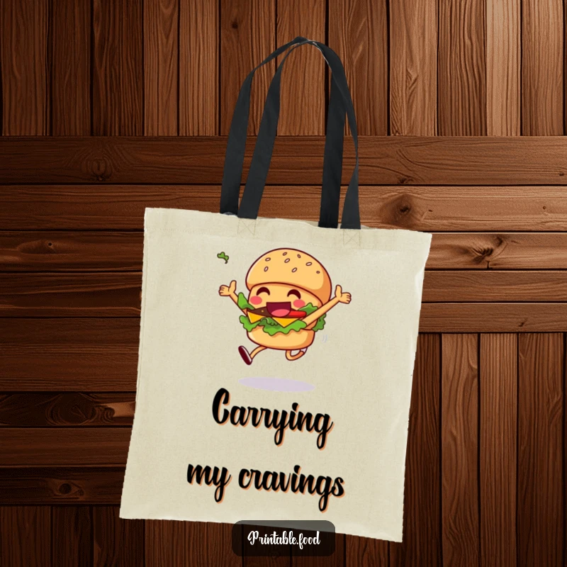 Funny grinning burger tote bag with a character leaping, lettuce flying, perfect for groceries and daily use.