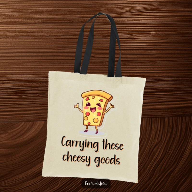 Funny tote bag featuring a cheerful pizza slice character doing a happy dance on its crust, ideal for carrying items with joy.