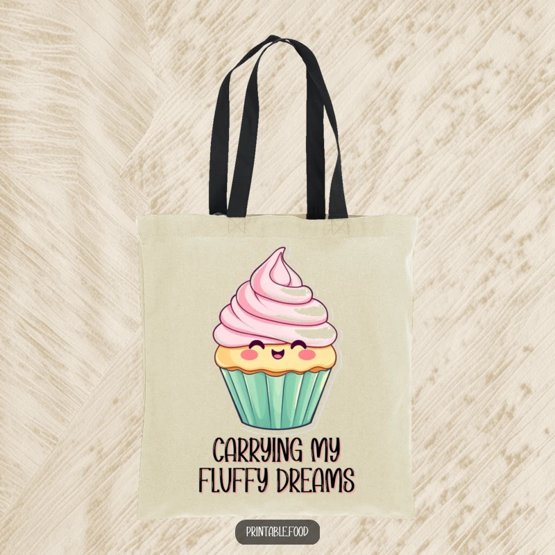Funny tote bag adorned with a playful cupcake character, its frosting hilariously rising and falling, perfect for grocery or bakery runs.