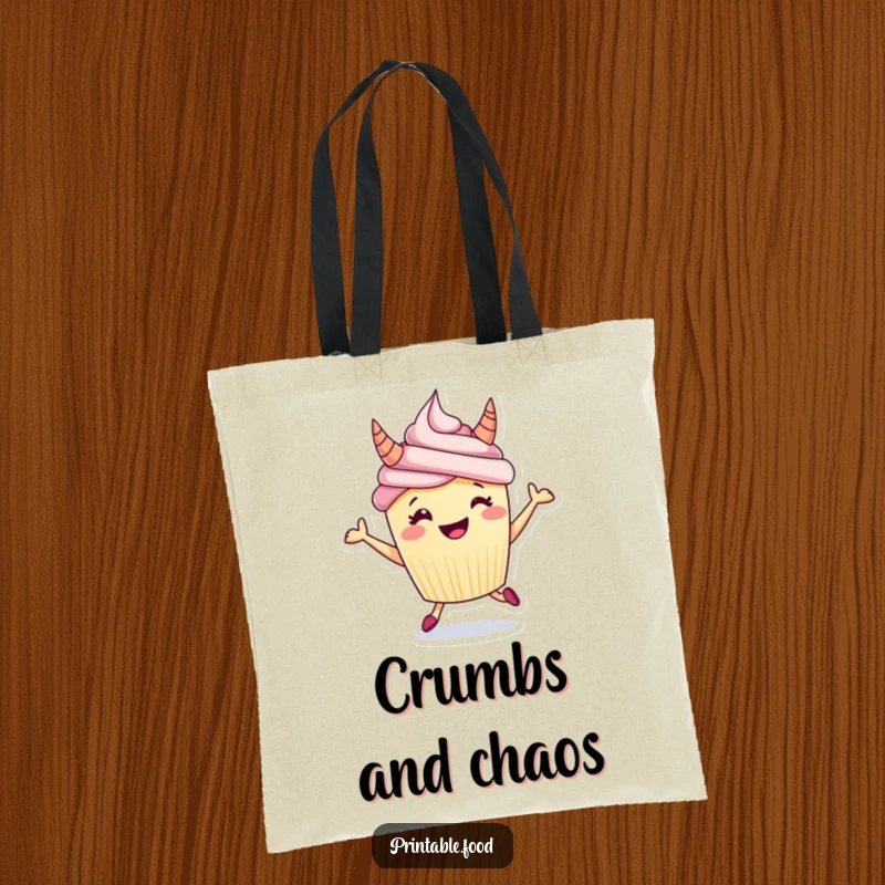 Funny tote bag displaying a grinning cupcake with frosting horns, enthusiastically hopping, ready to carry your day's treasures.