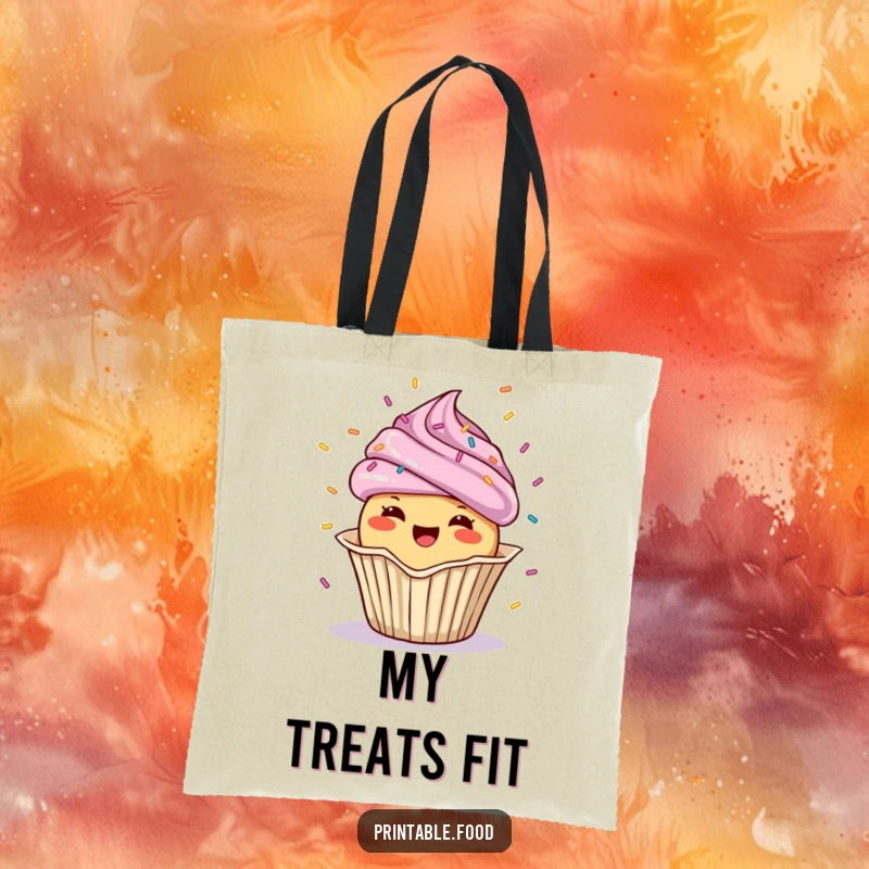 Funny Tote Bag showcasing a cheerful cupcake character showering confetti, a vibrant and celebratory accessory.