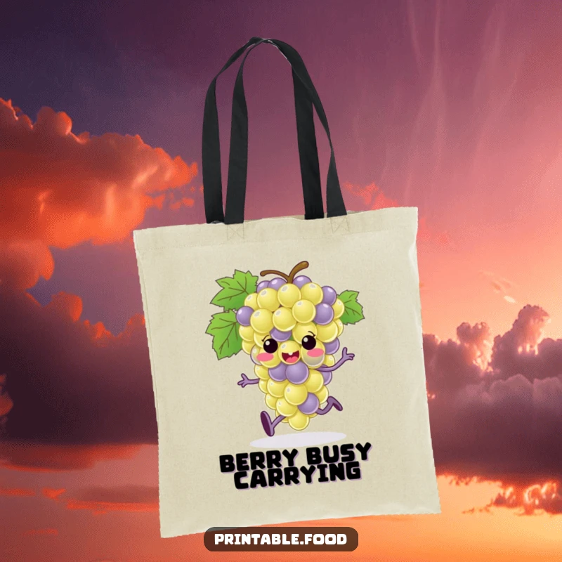Funny grape bunch character with tiny feet running across a durable tote bag, showcasing a humorous and functional accessory.