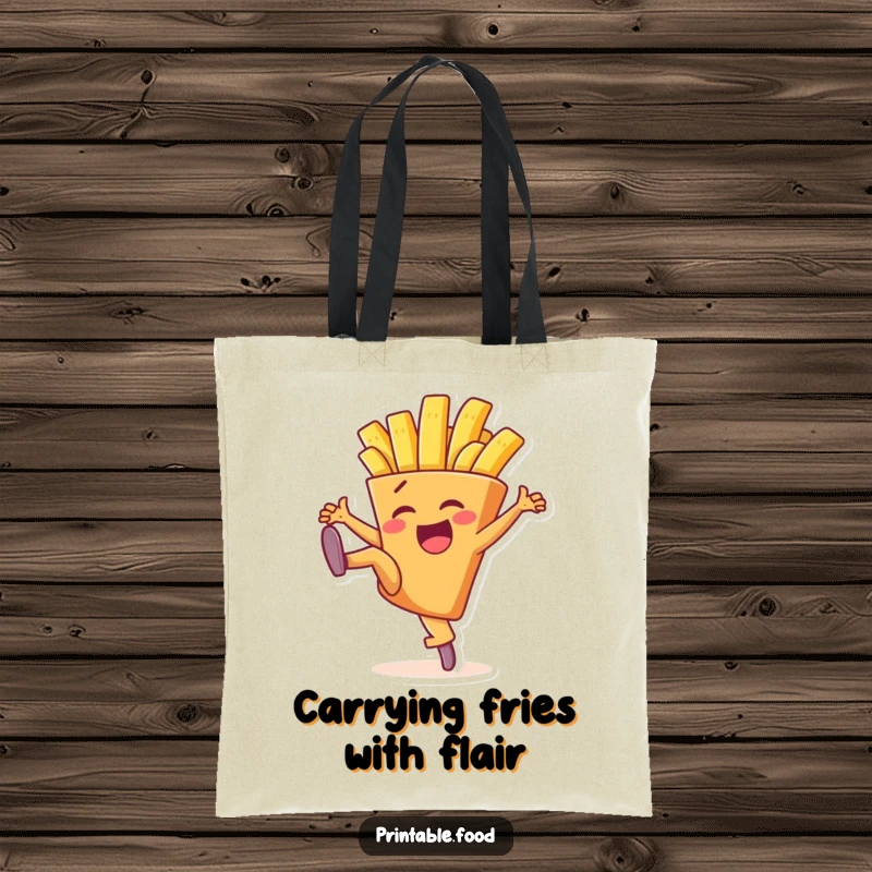 Funny tote bag featuring a delighted french fry character capturing a dynamic high kick pose with a joyful expression.