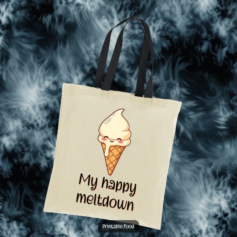 Funny tote bag featuring a giggling ice cream cone in the process of melting, ready to carry your items with sweet, cheerful flair.