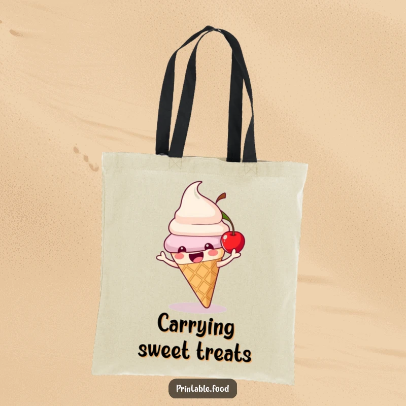 Funny ice cream cone tote bag with a playful character and bouncing cherry, perfect for shopping and daily use.