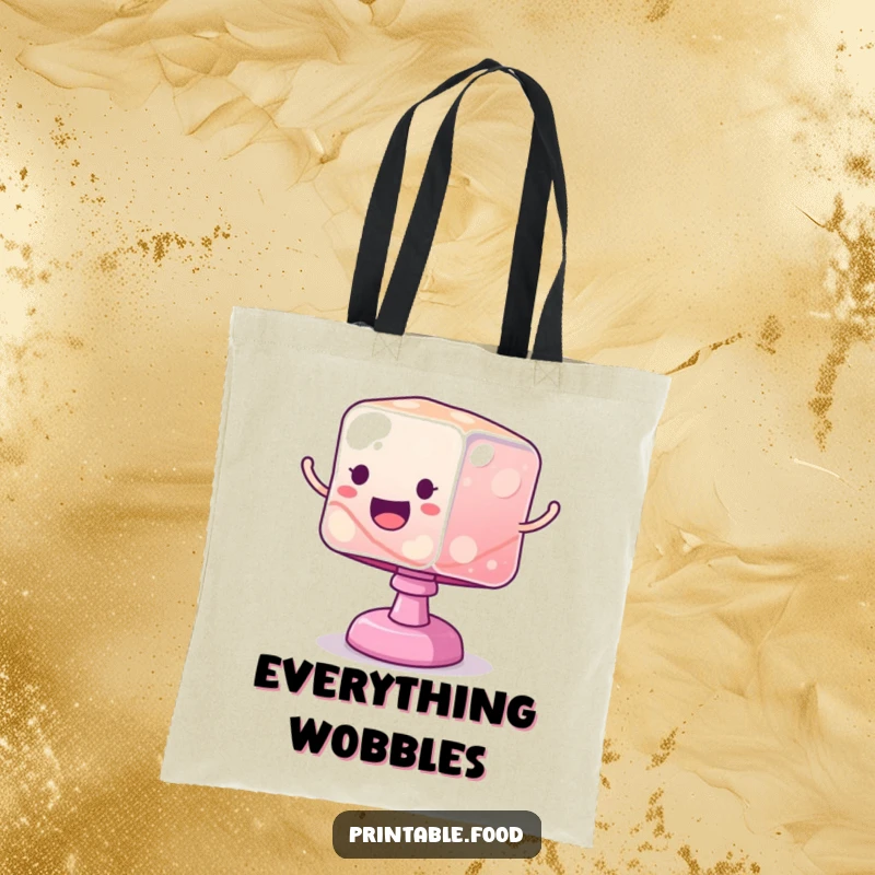 Funny tote bag featuring a wobbly jelly cube bouncing excitedly, perfect for carrying essentials with a dose of quirky fun.