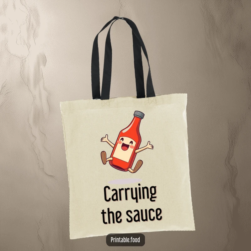 Funny tote bag showcasing an excited ketchup bottle mid-cartwheel, perfect for condiment enthusiasts.