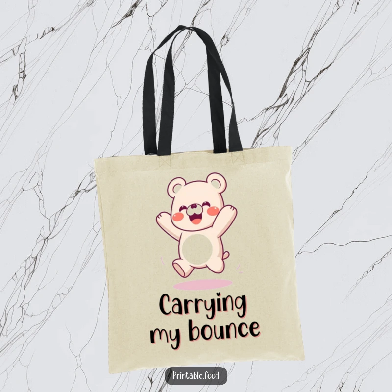 Funny tote bag featuring a playful gummy bear character bouncing energetically, durable and stylish accessory.