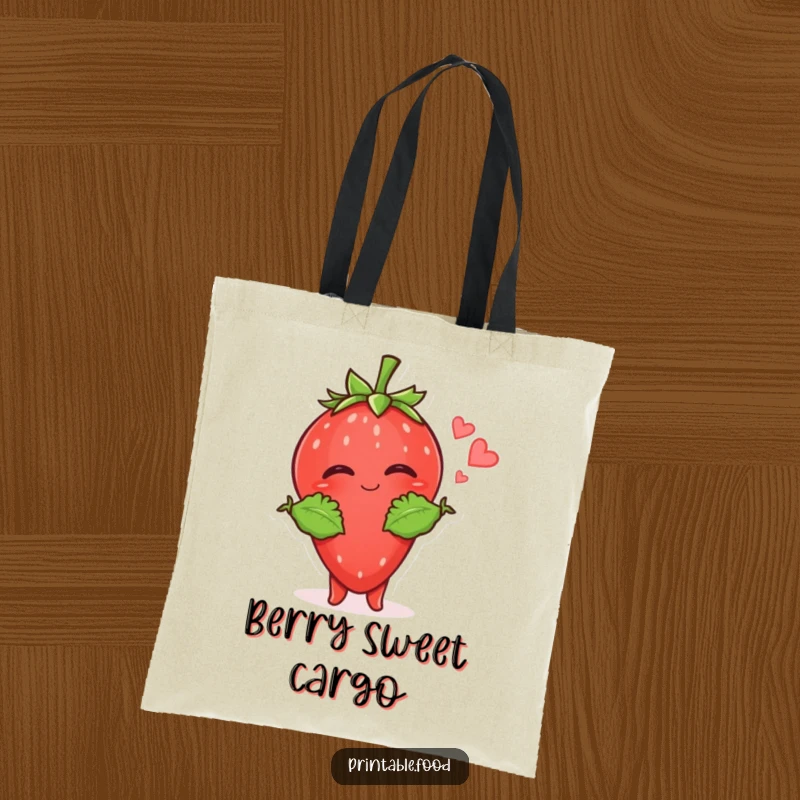 Funny Strawberry Kiss Tote Bag: A giggling strawberry with leafy arms extends to send a kiss, making this tote bag irresistibly cute.