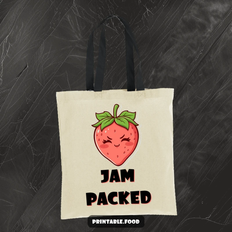 Funny Strawberry Tote Bag: A cheerful strawberry character with a determined wink, ideal for carrying essentials with fruity charm.