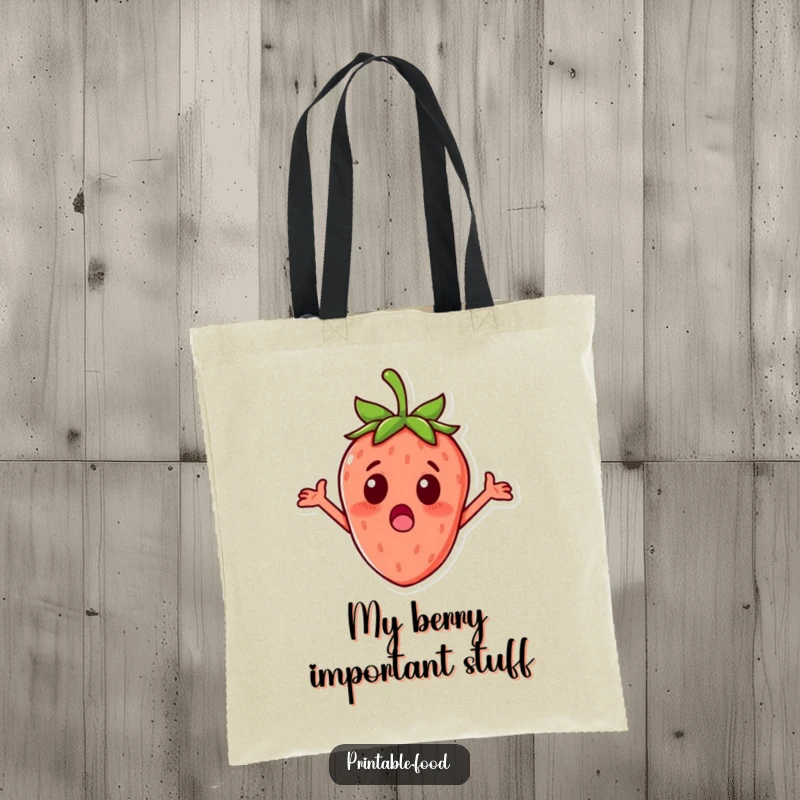 Funny surprised strawberry with tiny outstretched arms on a durable tote bag, great for grocery shopping.