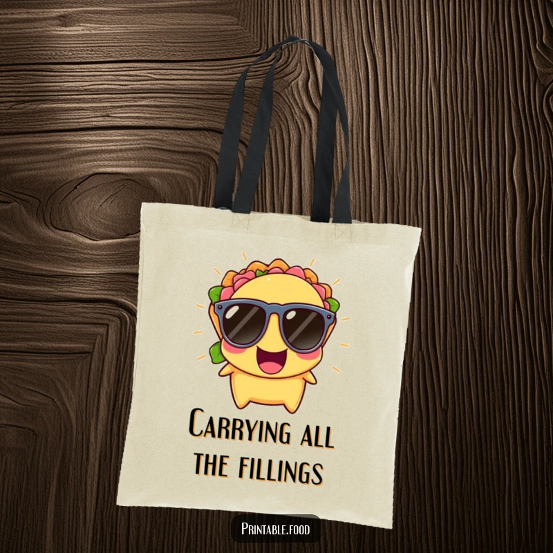 Funny Tote Bag showcasing a cheerful taco in tiny sunglasses, bursting with laughter, perfect for carrying daily essentials.