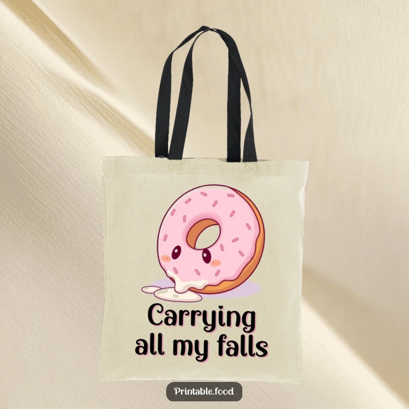 Funny tote bag featuring a donut character comically tripping over its icing drizzle, a humorous companion for everyday tasks.