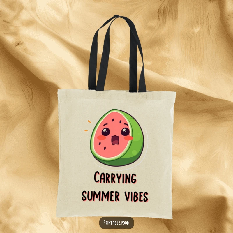 Funny Tote Bag showcasing a surprised watermelon slice with a wide mouth open, perfect for carrying daily items.