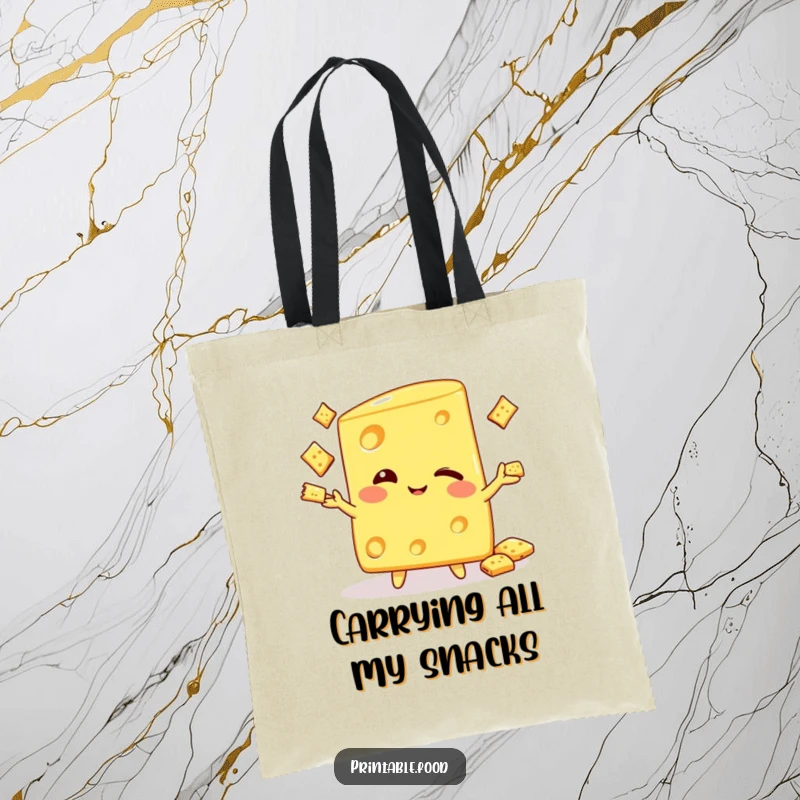 Funny tote bag featuring a winking cheese wedge character juggling crackers, perfect for carrying essentials with a side of cheesy humor.