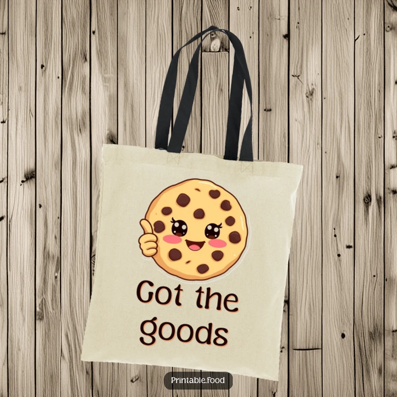Funny tote bag featuring a happy chocolate chip cookie giving a thumbs up, perfect for everyday use and spreading cheer.