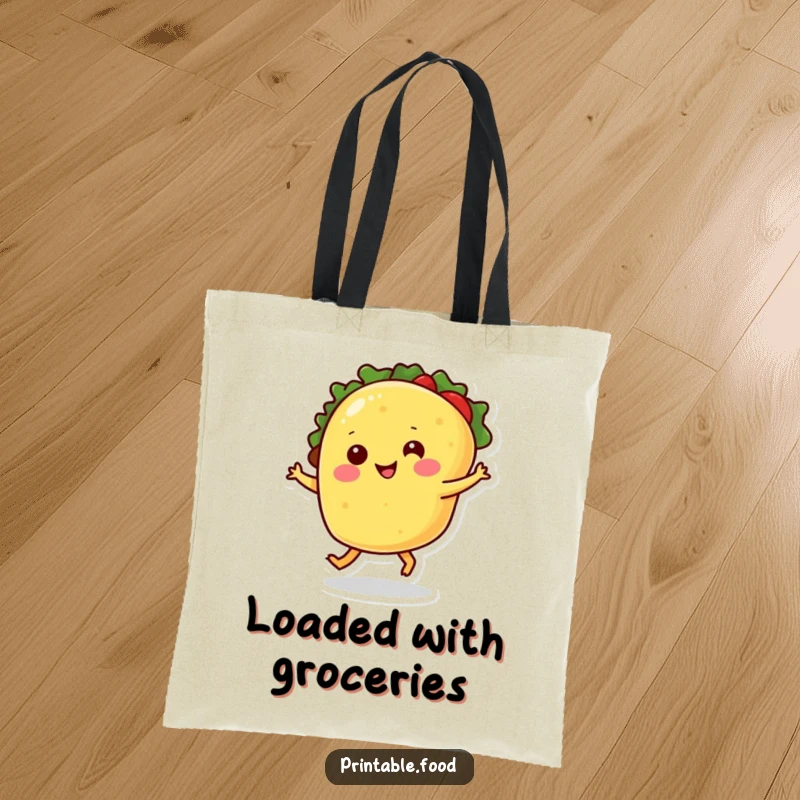 Funny tote bag with a smiling taco character dancing merrily on its legs, a vibrant and humorous accessory.
