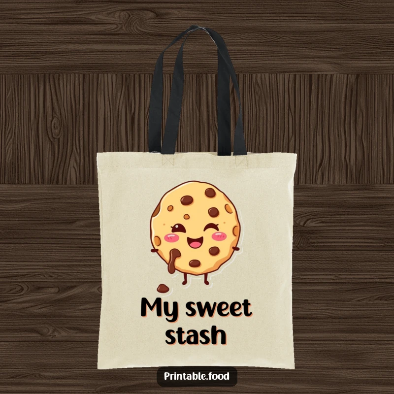 Funny tote bag with a happy cookie character and melting chocolate chips, practical and full of sweetness.